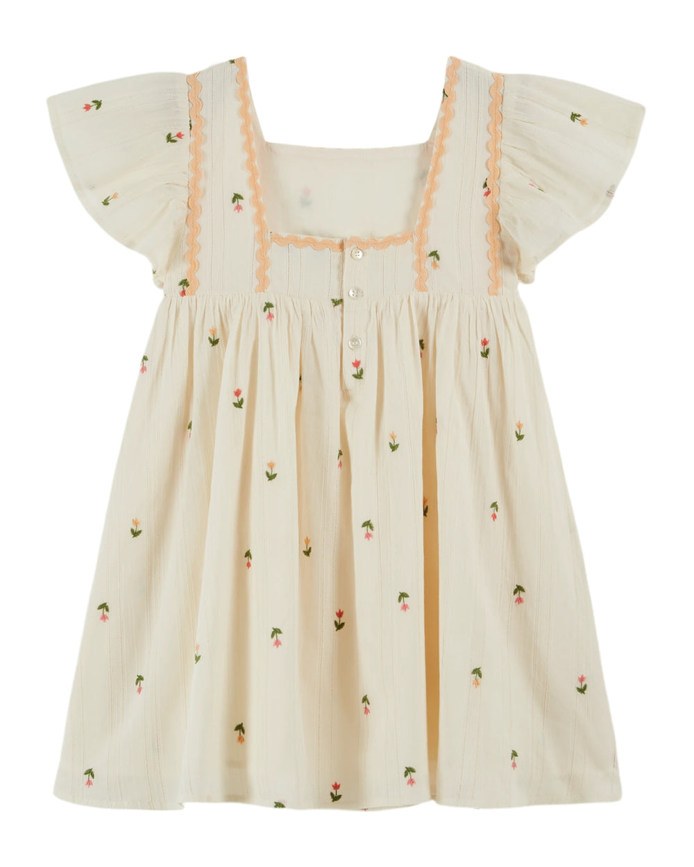 baby embroidered cotton dress with flutter sleeves in cream
