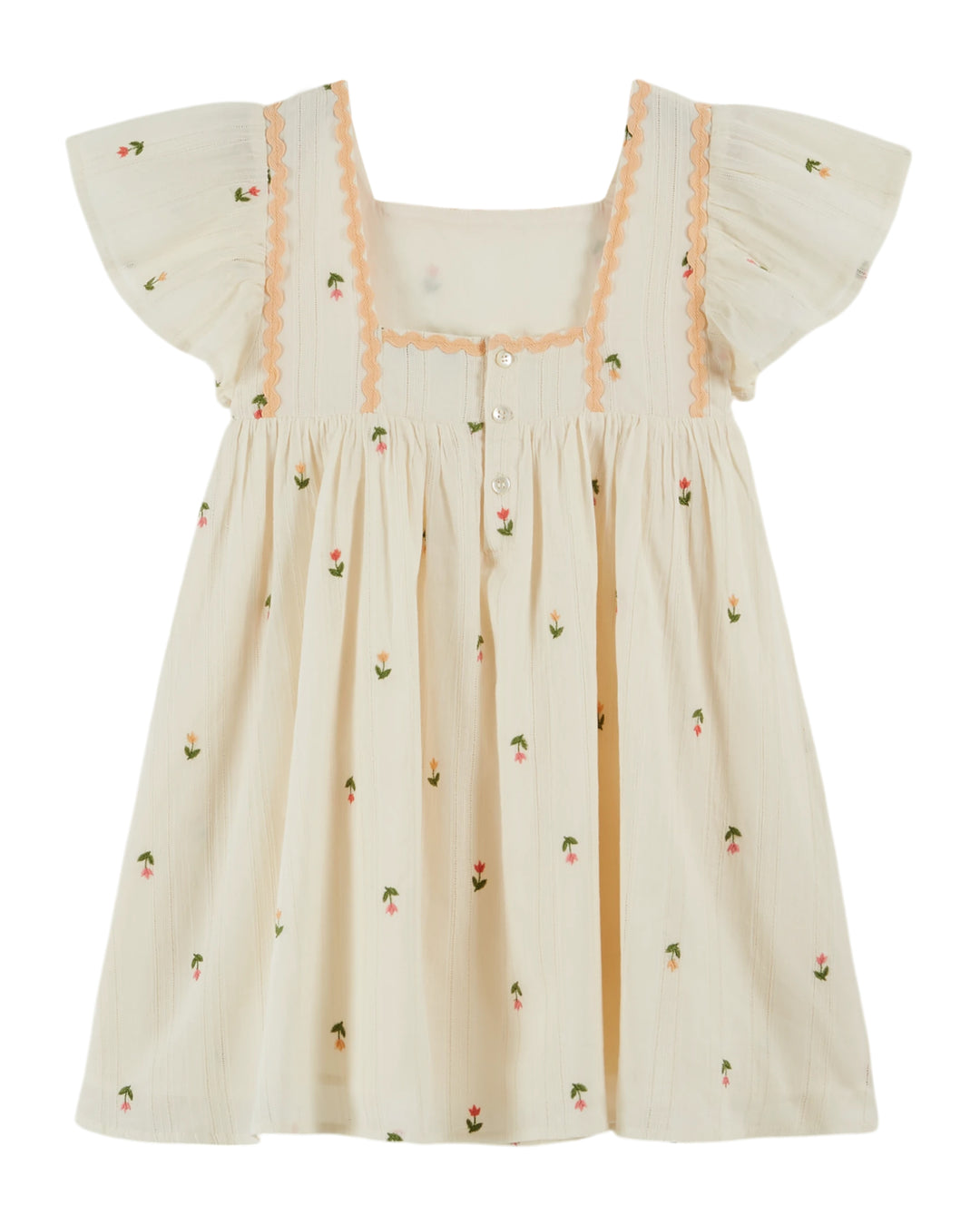 baby embroidered cotton dress with flutter sleeves in cream
