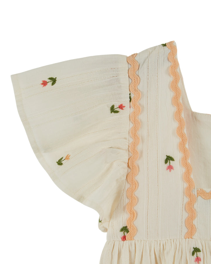 baby embroidered cotton dress with flutter sleeves in cream
