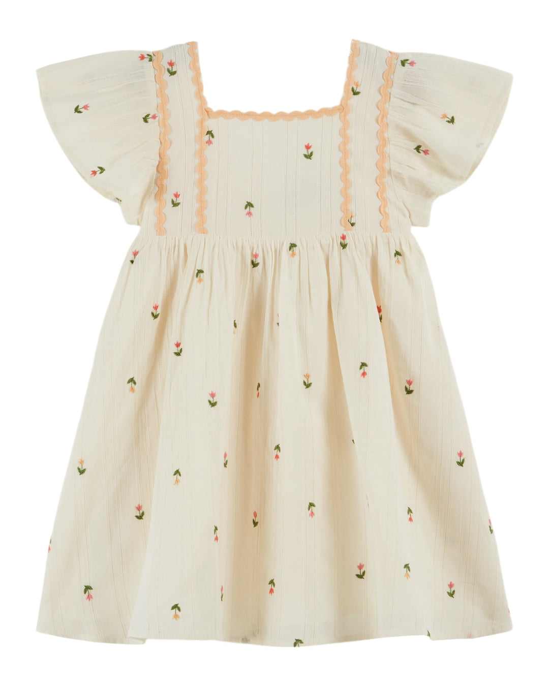 baby embroidered cotton dress with flutter sleeves in cream
