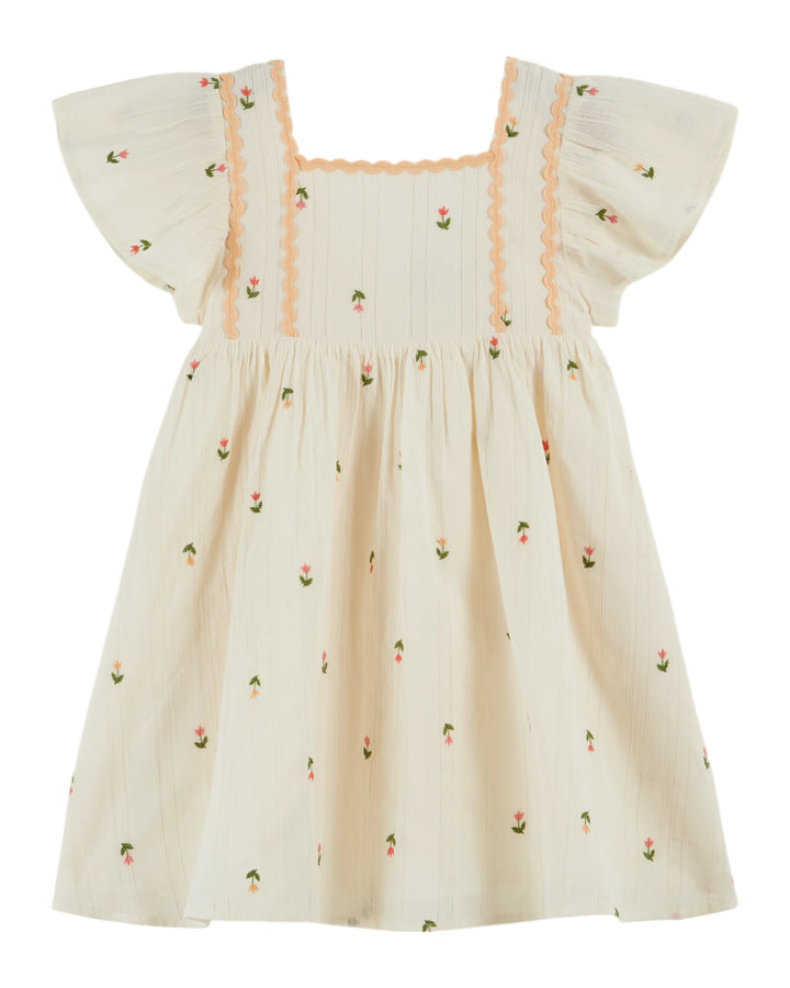baby embroidered cotton dress with flutter sleeves in cream
