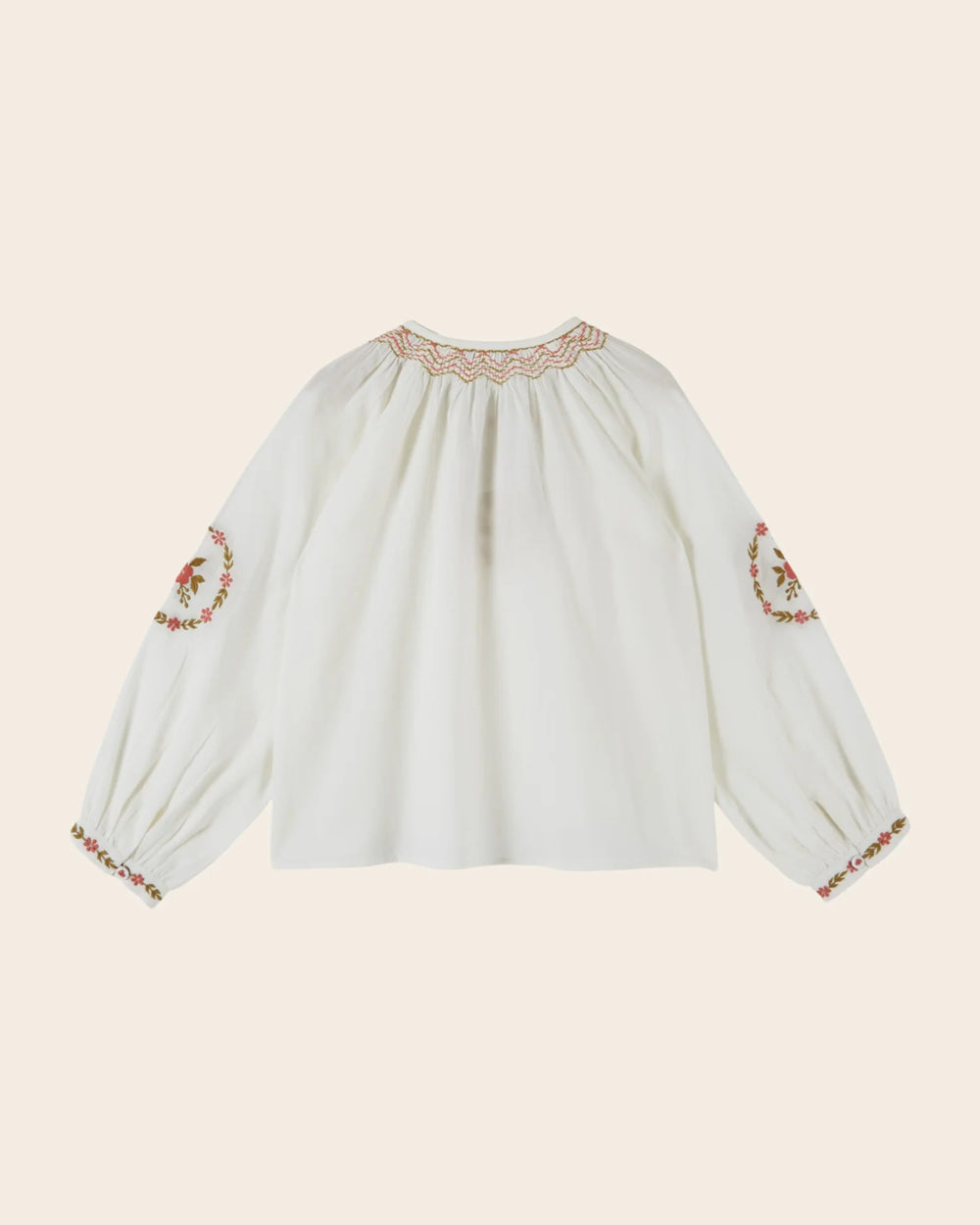 Back view of the Emile et Ida ethnic embroidered blouse for girls in ecru.