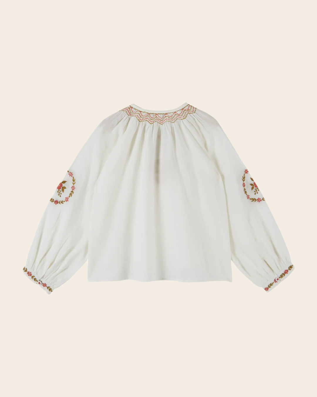 Back view of the Emile et Ida ethnic embroidered blouse for girls in ecru.