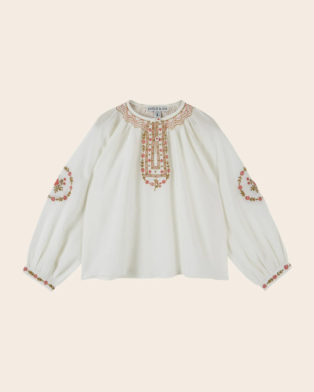 Girls ethnic embroidered blouse in ecru by Emile et Ida, featuring delicate embroidery and a timeless bohemian design.