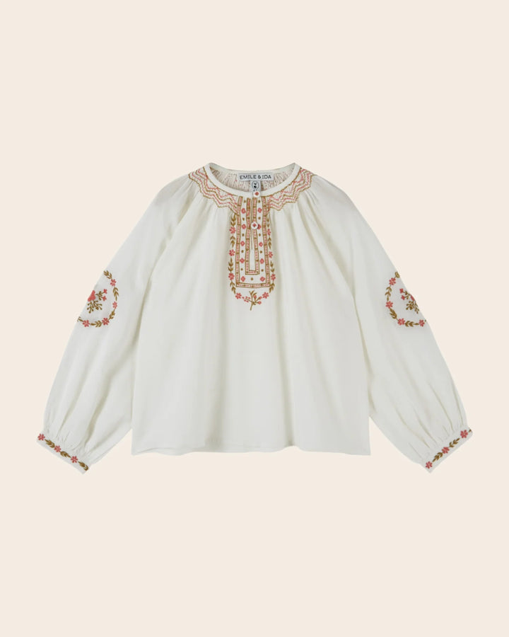 Girls ethnic embroidered blouse in ecru by Emile et Ida, featuring delicate embroidery and a timeless bohemian design.