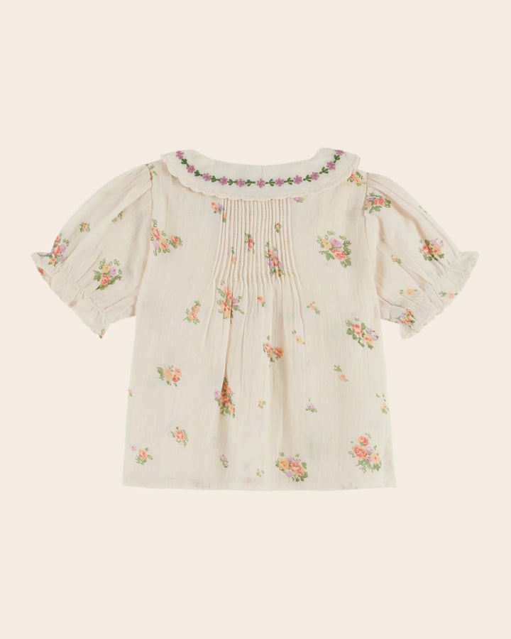 girls floral embroidered cotton blouse with scalloped embroidered collar

