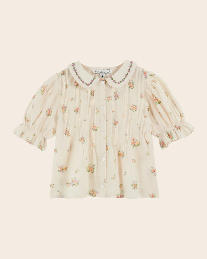 girls floral embroidered cotton blouse with scalloped embroidered collar
