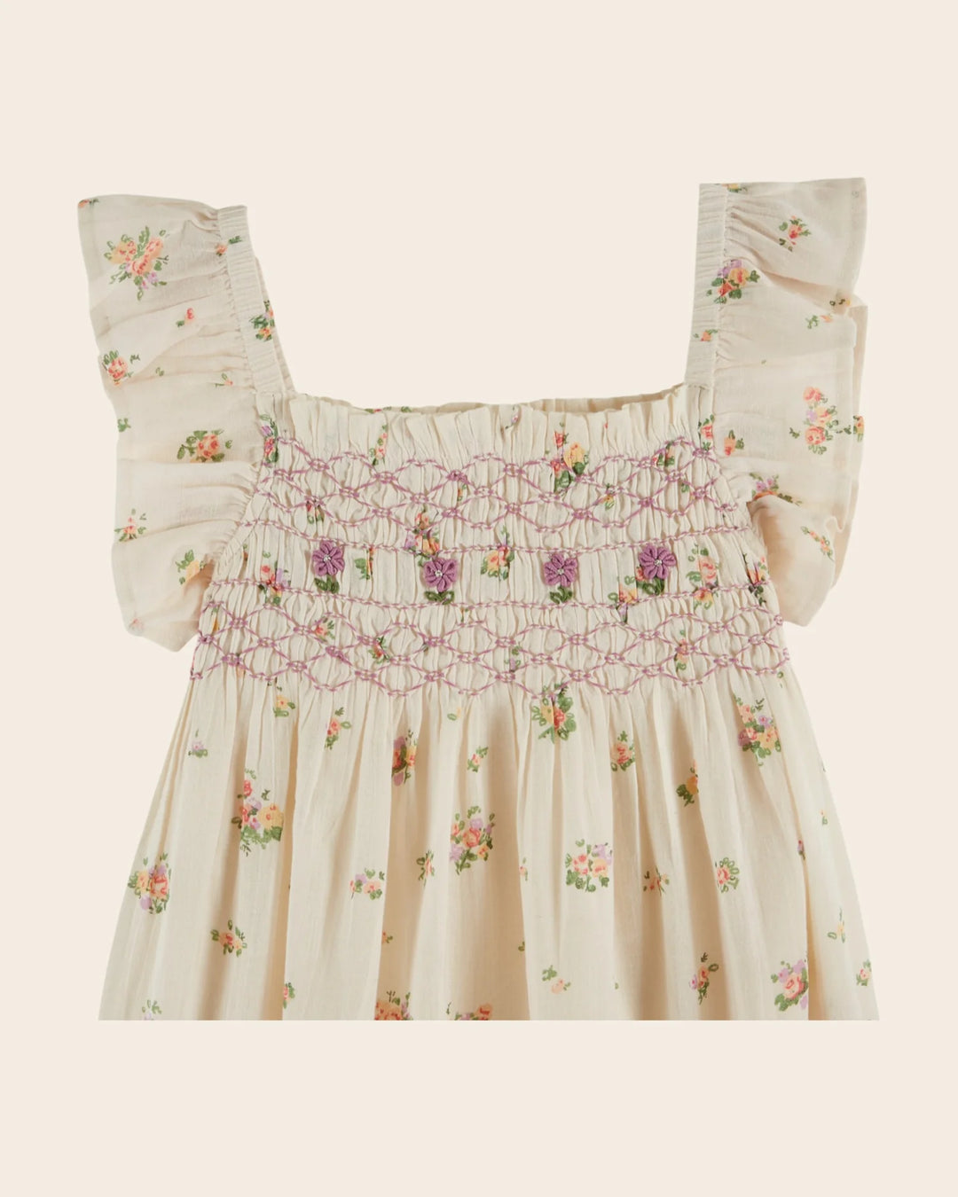 girls cream embroidered smocked dress with floral detail
