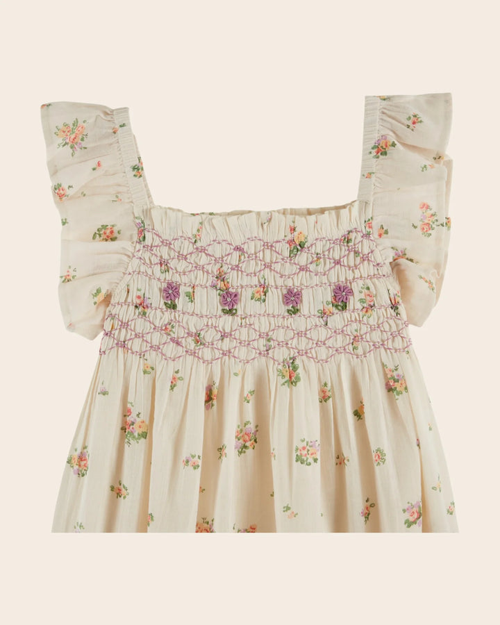 girls cream embroidered smocked dress with floral detail
