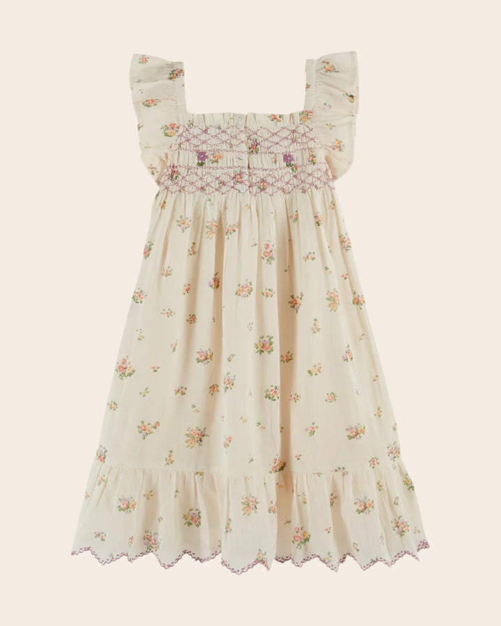 girls cream embroidered smocked dress with floral detail
