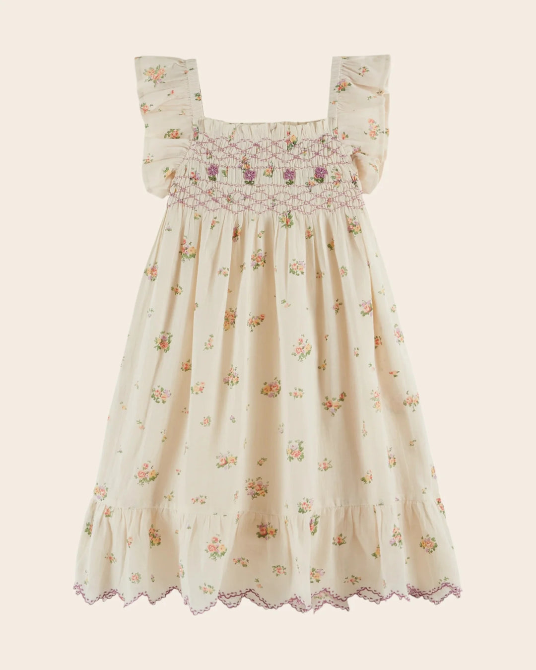 girls cream embroidered smocked dress with floral detail
