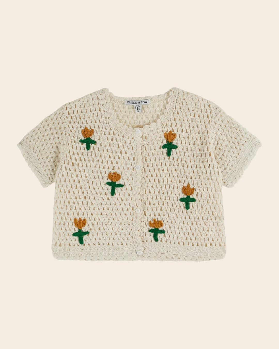 Emile and Ida cream crochet cardigan with flower embroidery
