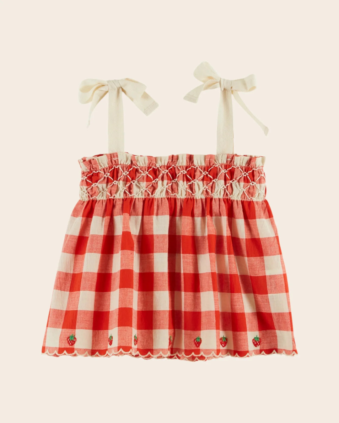 girls red gingham strap top with strawberry embroidery
