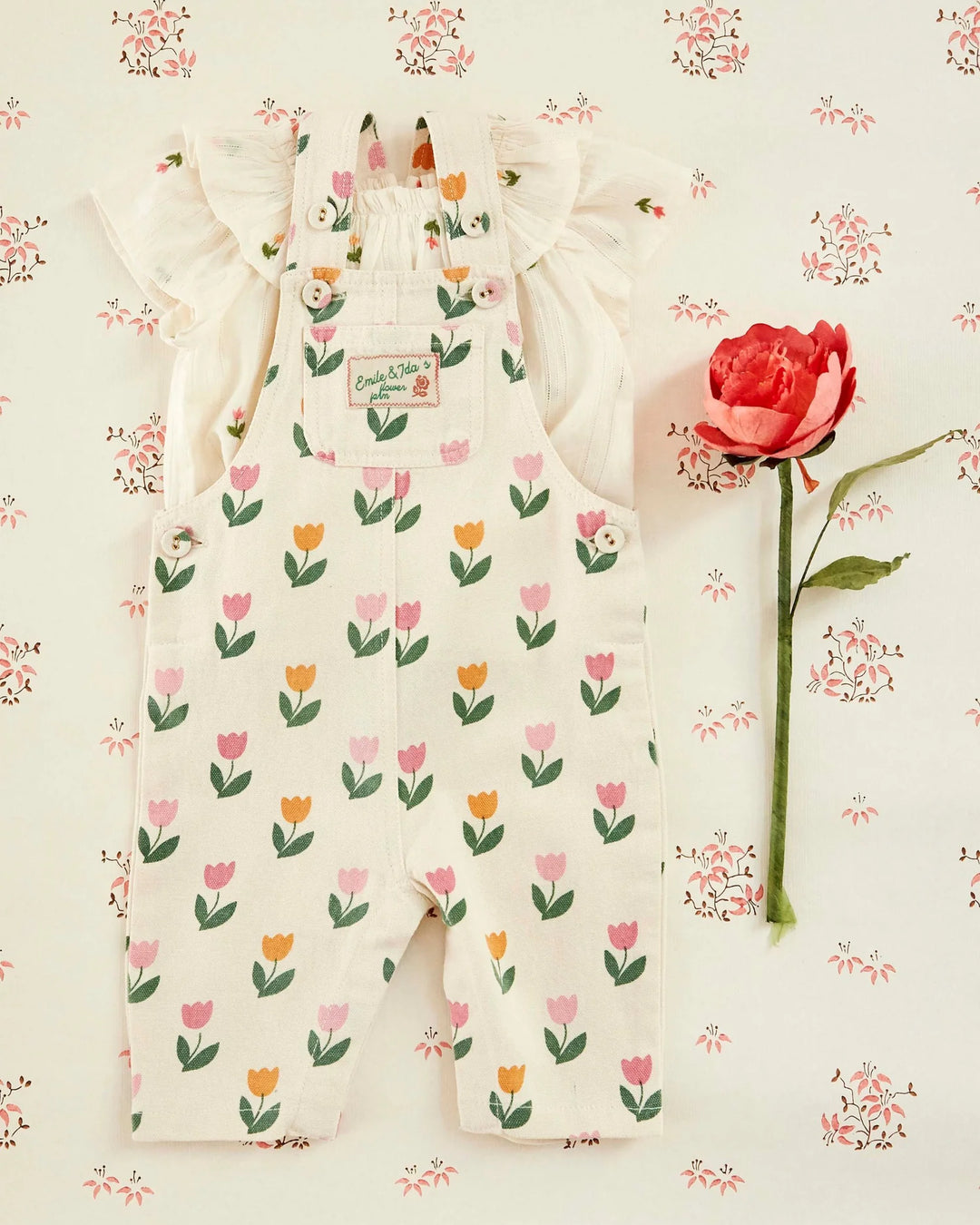 baby tulip print overalls cream cotton
