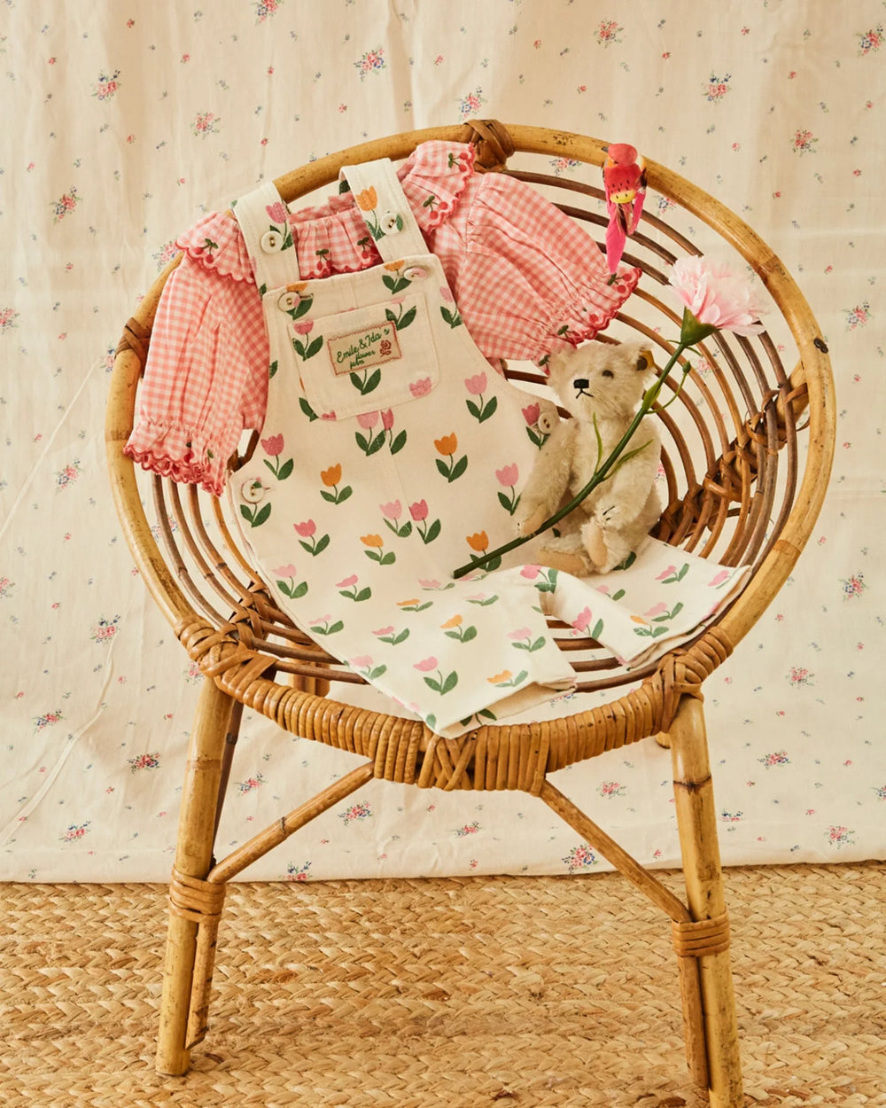 baby tulip print overalls cream cotton
