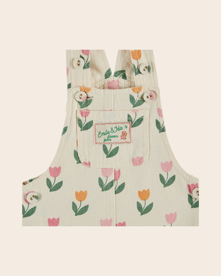 baby tulip print overalls cream cotton
