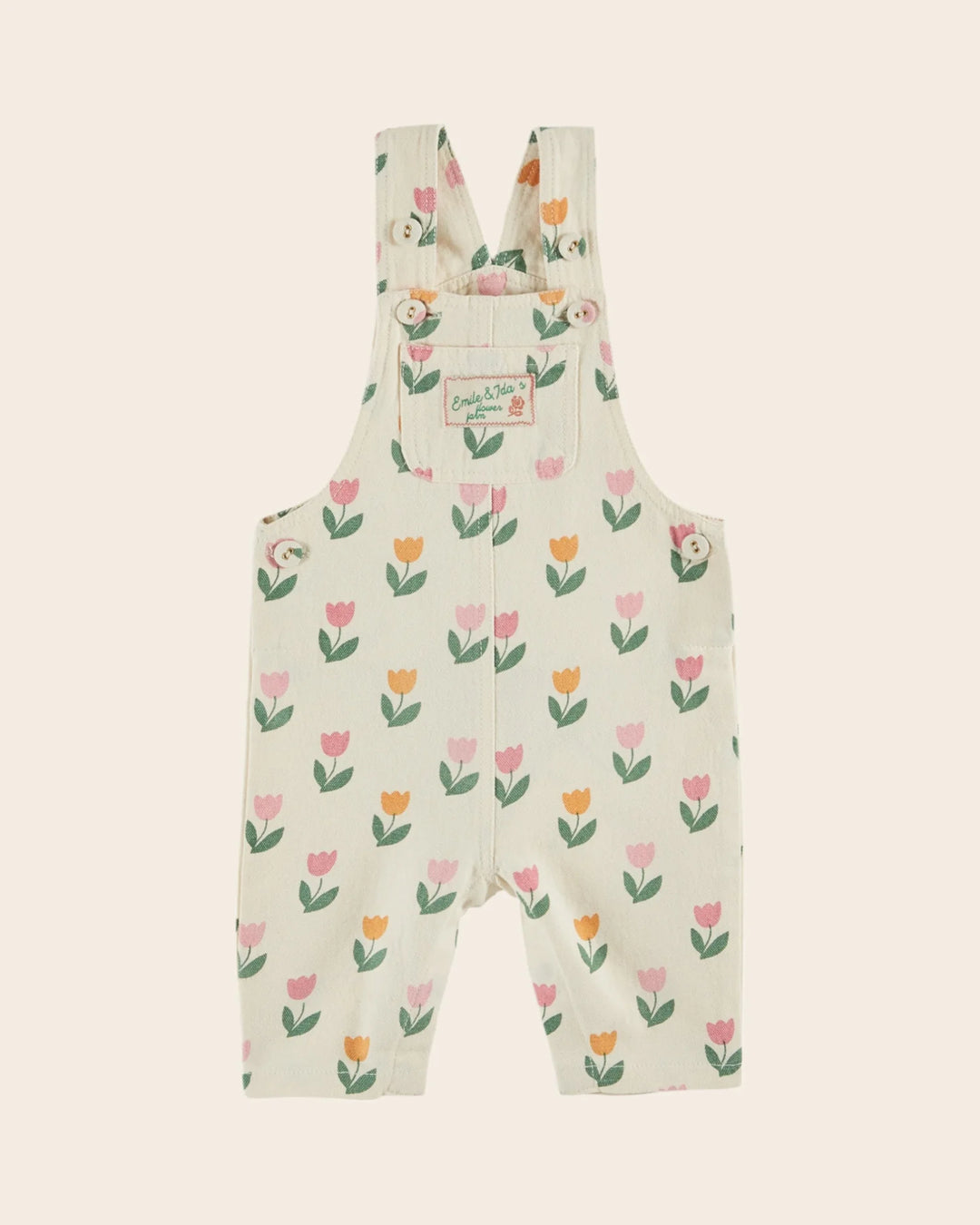 baby tulip print overalls cream cotton
