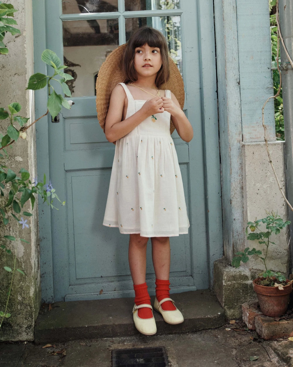 girls cream cotton dress with lemons embroidery by Emile et Ida