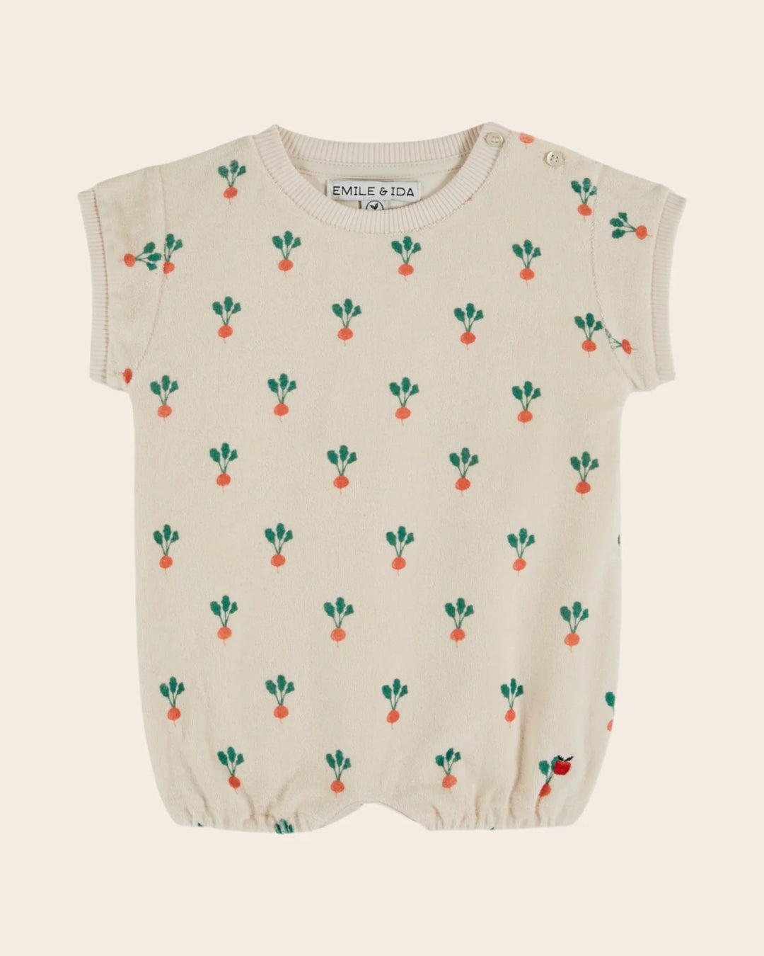 baby terry romper with radish print in cream by Emile et Ida
