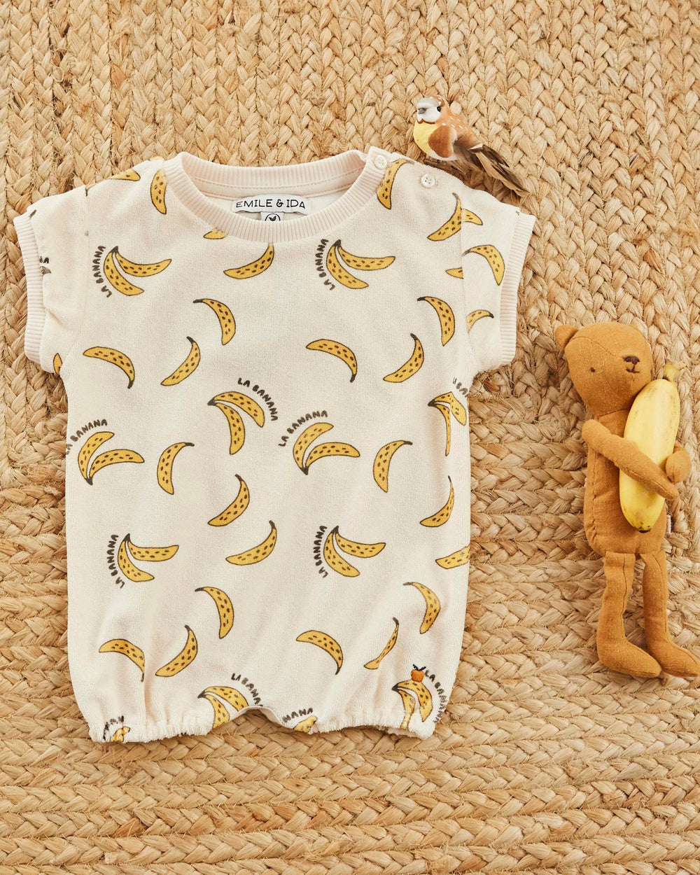 baby banana print romper in cream by Emile et Ida
