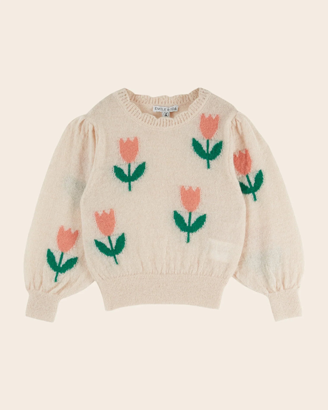 Girls pink tulip intarsia knit sweater by Emile et Ida, featuring a charming floral design and timeless style.