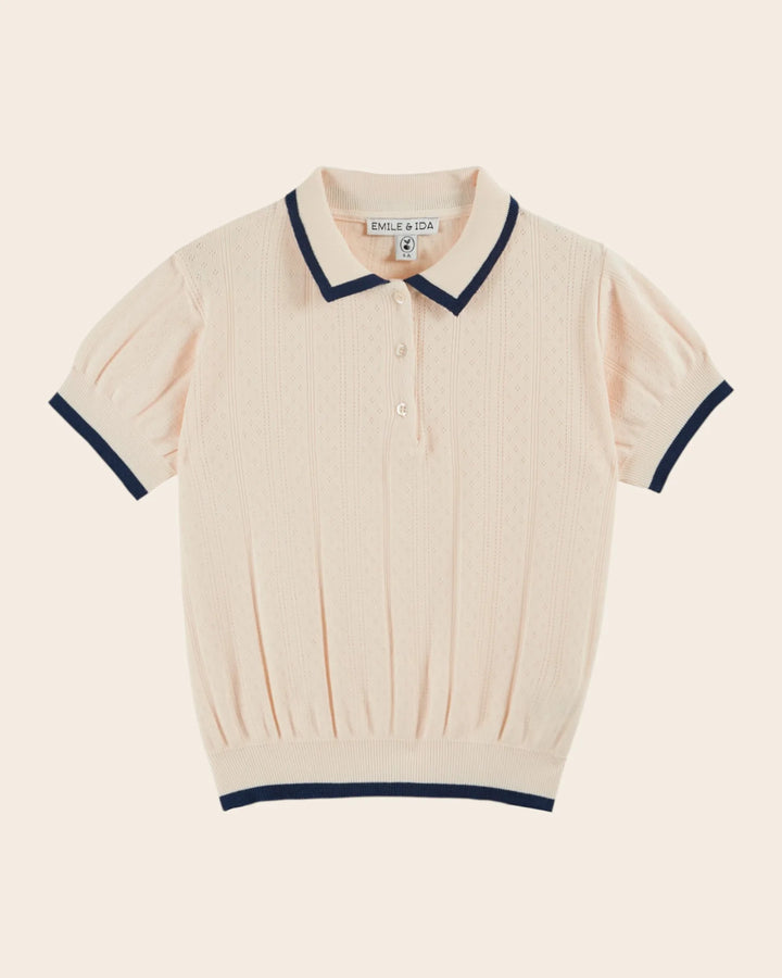 baby pointelle knit polo shirt in cream with contrast collar

