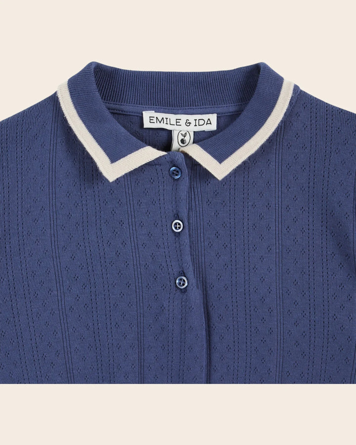 baby pointelle knit polo shirt in cream with contrast collar
