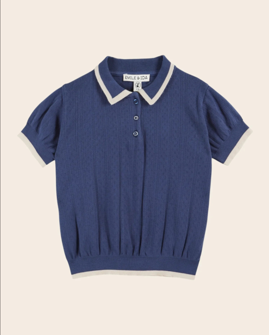 baby pointelle knit polo shirt in cream with contrast collar
