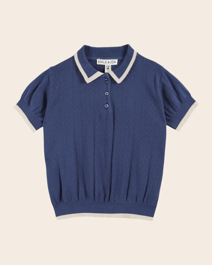 baby pointelle knit polo shirt in cream with contrast collar
