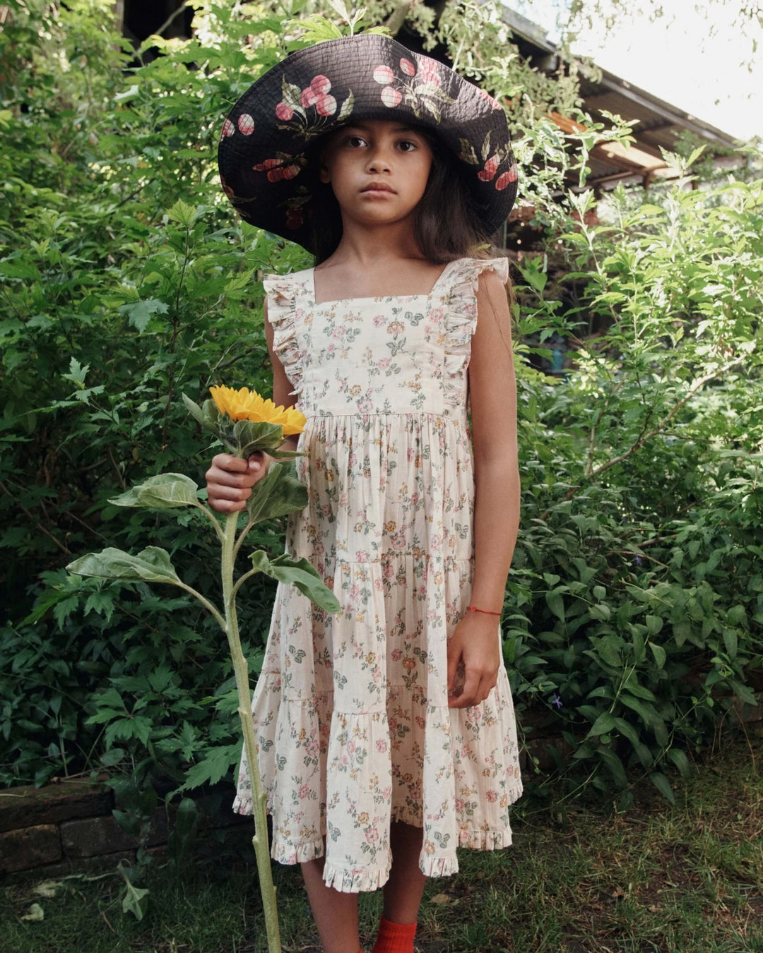 girls long cotton dress with rosier floral print