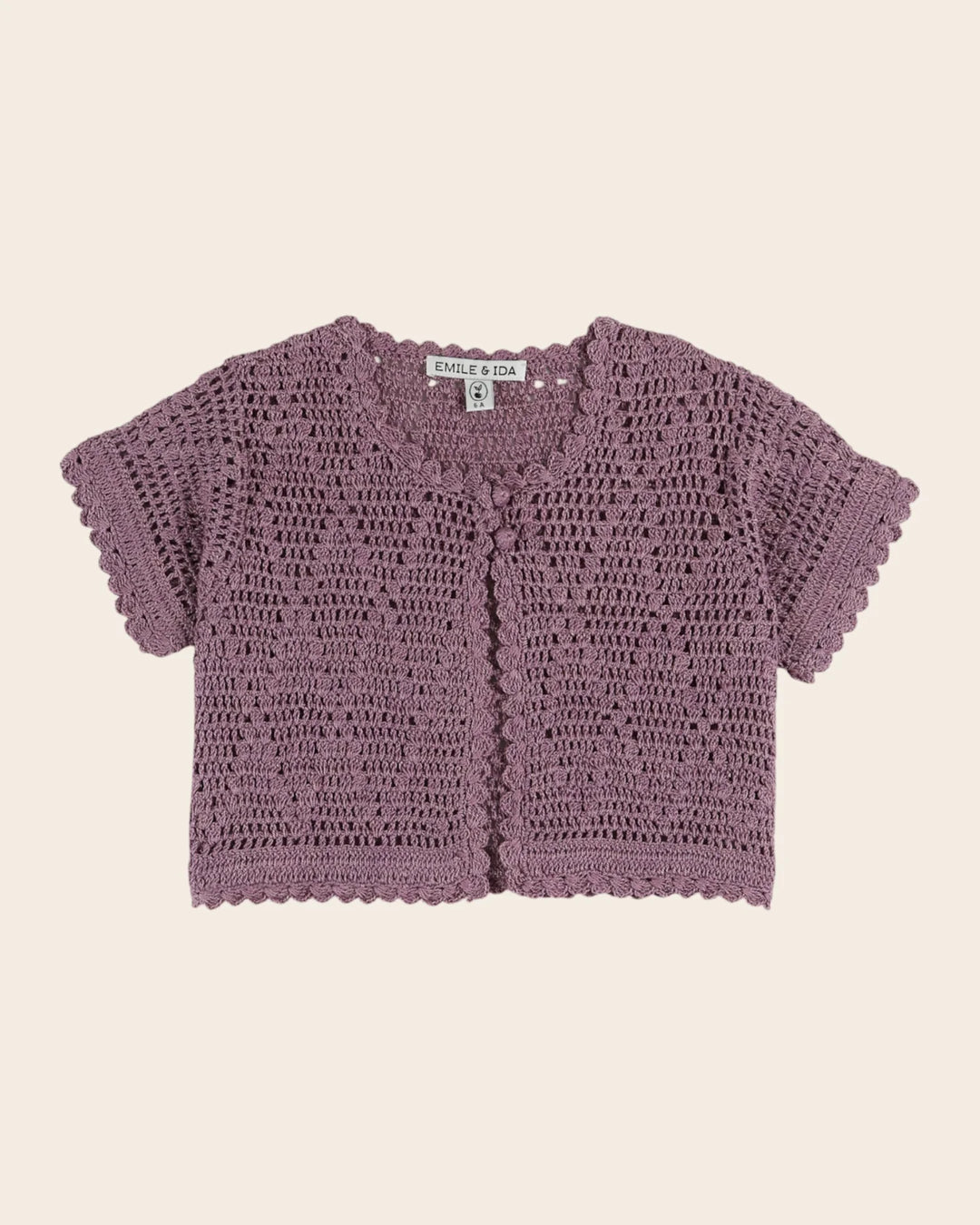 girls wisteria purple crochet cardigan with scalloped edges
