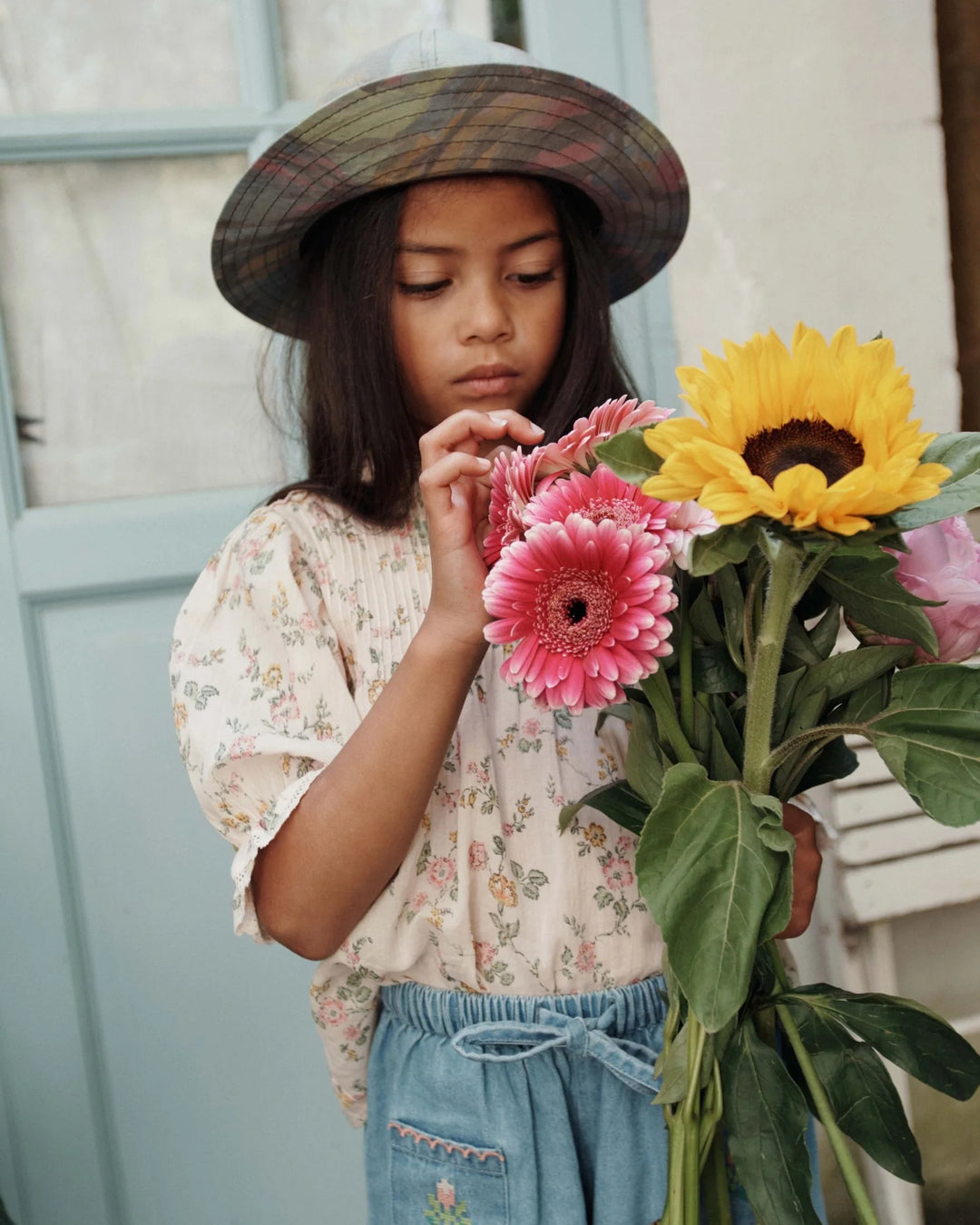 girls cream floral blouse with pintucks
