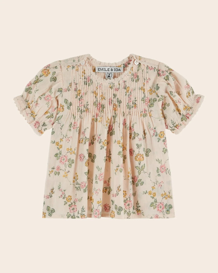 girls cream floral blouse with pintucks

