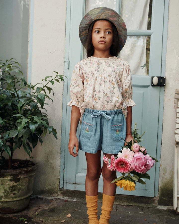 girls cream floral blouse with pintucks
