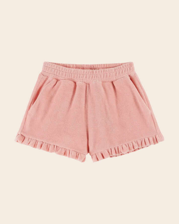 girls mimosa yellow ruffled terry shorts
