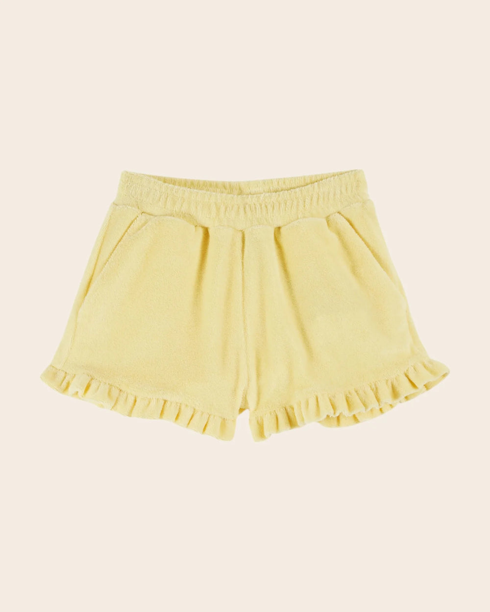 girls mimosa yellow ruffled terry shorts
