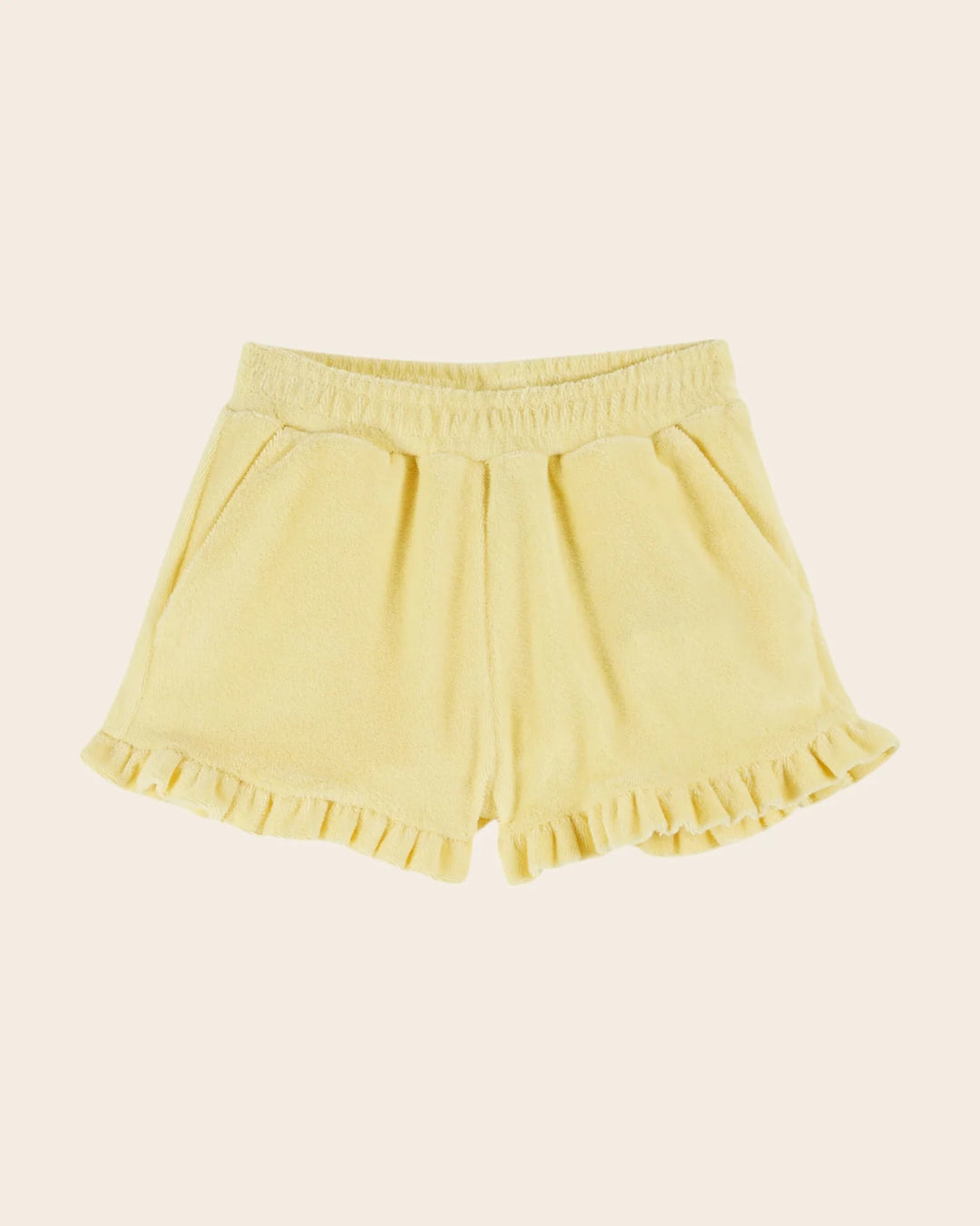 girls mimosa yellow ruffled terry shorts
