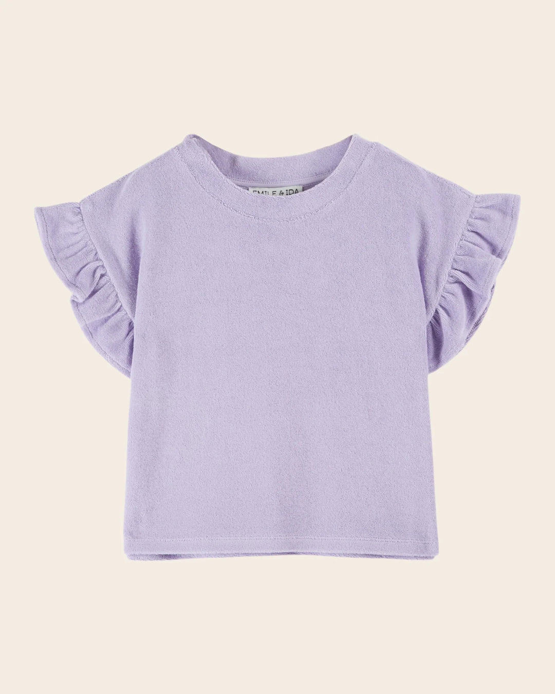 girls purple terry t-shirt with ruffled sleeves
