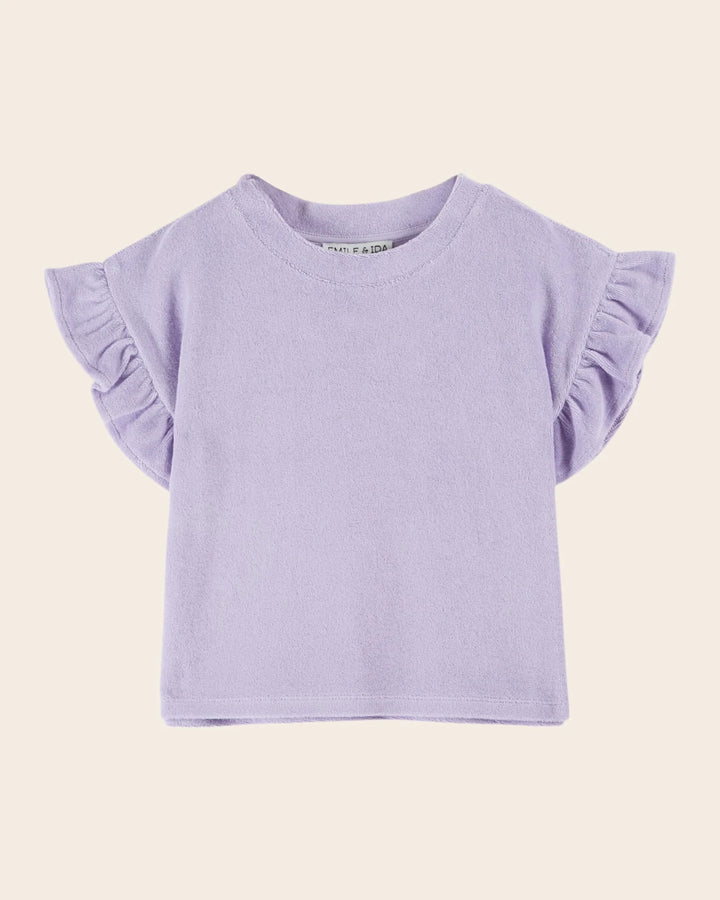 girls purple terry t-shirt with ruffled sleeves
