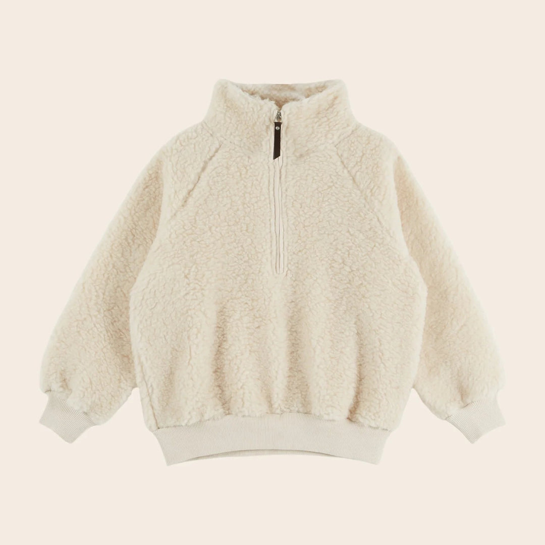 Emile et Ida boys ecru sherpa zip-up sweatshirt with stand-up collar and soft fleece fabric