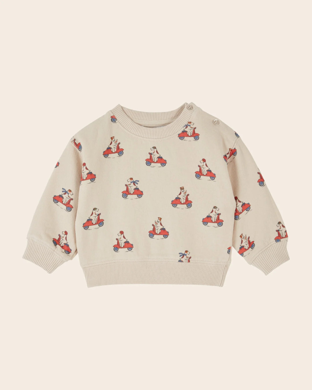 Kids Grand Dog Print Sweatshirt in Farine by Emile et Ida, featuring a playful all-over dog pattern and timeless casual style.