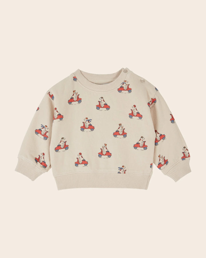Kids Grand Dog Print Sweatshirt in Farine by Emile et Ida, featuring a playful all-over dog pattern and timeless casual style.