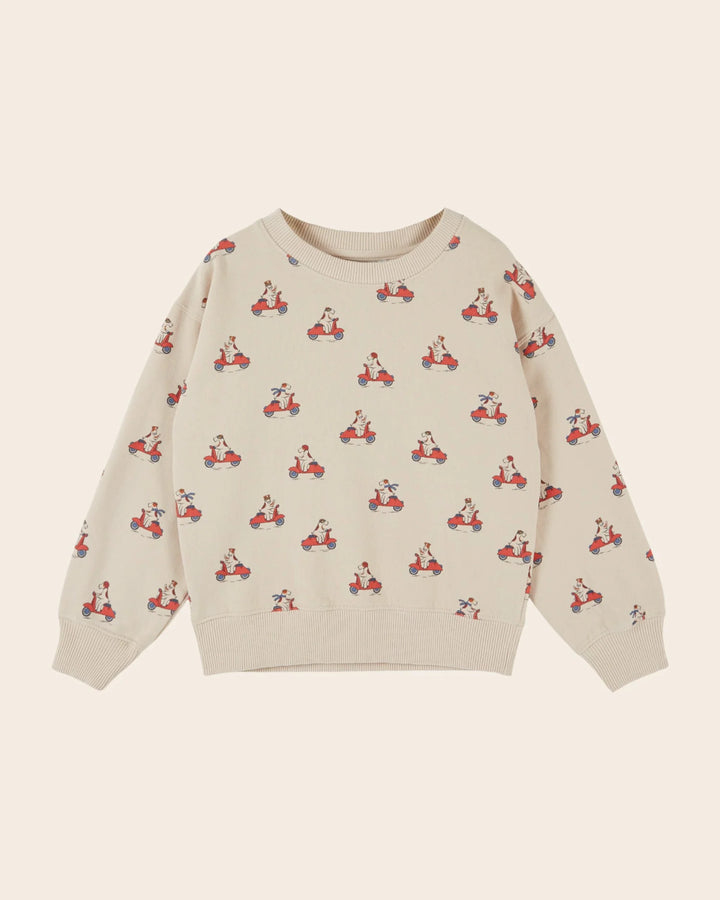 Kids Grand Dog Print Sweatshirt in Farine by Emile et Ida, featuring a playful all-over dog pattern and timeless casual style.