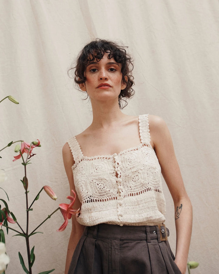 Women Top Crochet Off-white - قصيرة