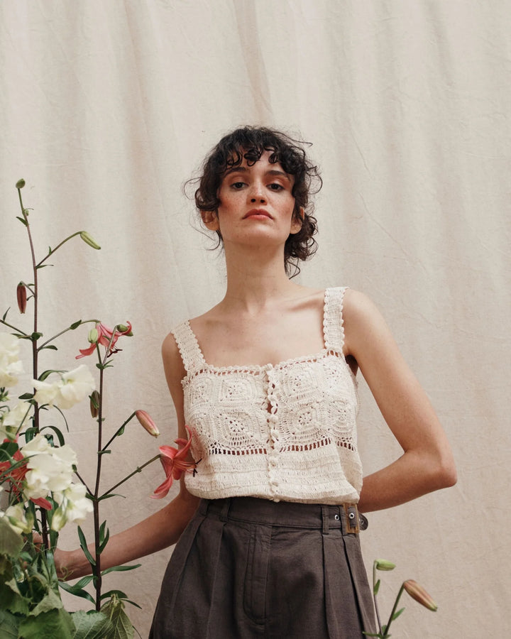 Women Top Crochet Off-white - قصيرة