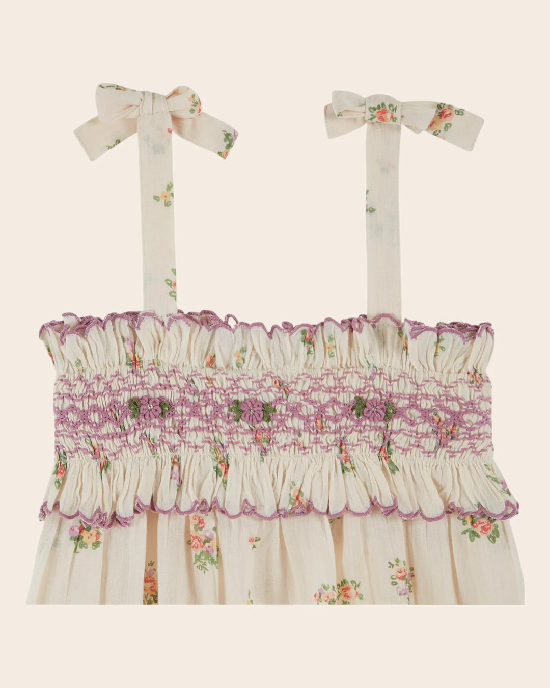 girls cream floral smocked top with bow straps
