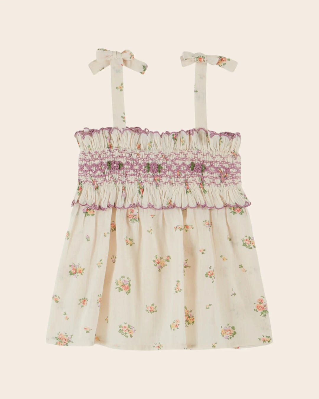 girls cream floral smocked top with bow straps
