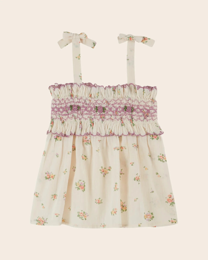 girls cream floral smocked top with bow straps
