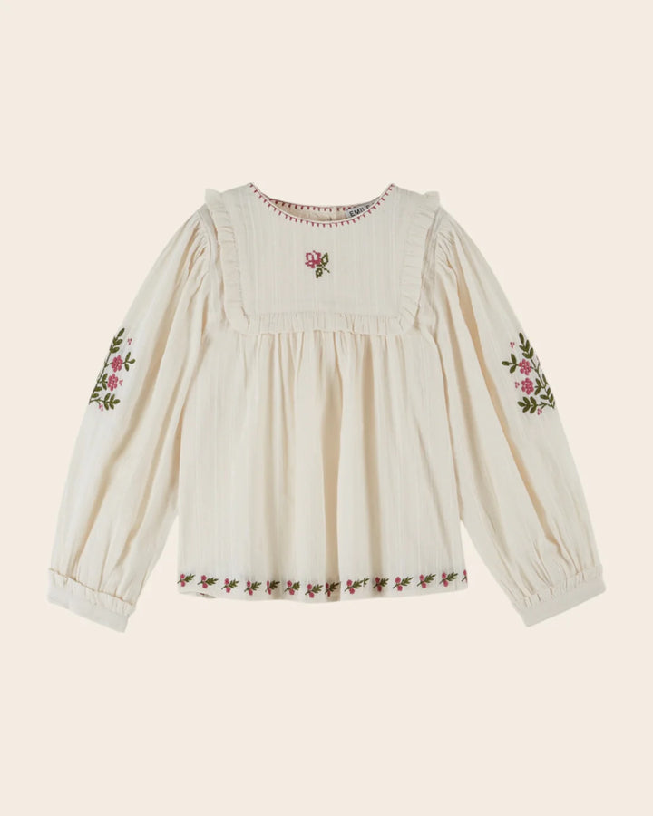 Blouse Girl Floral Embroidery - Cream - قصيرة