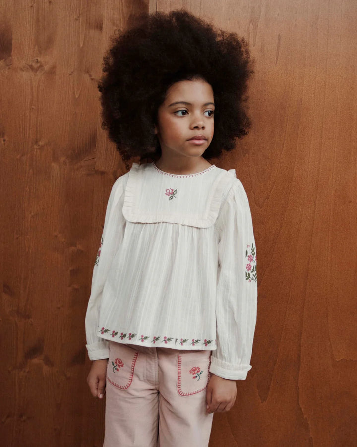 Blouse Girl Floral Embroidery - Cream - قصيرة